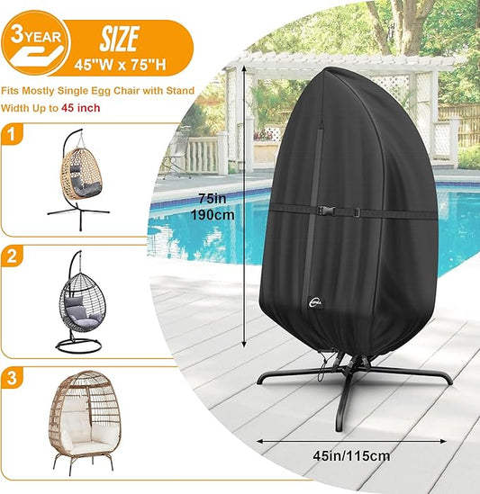 Kipiea Patio Egg Chair Covers Waterproof, Upgraded 500D Outdoor Hanging Egg Chair Covers with Waterproof Zipper, Single Seat Swing Chair Cover, Windproof, Anti-UV, No Tears ( Up to 45" W x 75"H )