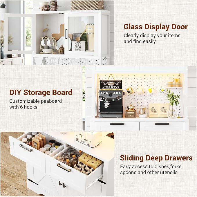 Unikito 71" Pantry Cabinet with LED Light & Outlet, Tall Kitchen Pantry Storage Cabinet with Microwave Stand, DIY Pegboard, Drawers and Adjustable Shelf, Farmhouse Kitchen Hutch for Dining Room, White