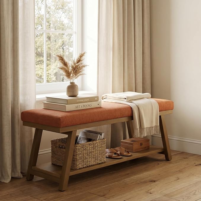 Zihanhome 45" Entryway Bench Upholstered Storage Bench for Bedroom Shoe Rack Bench for Living Room, Hallway, Mudroom, Balcony, Sturdy Indoor Bench Seat Holds Up to 300 lbs (Orange)