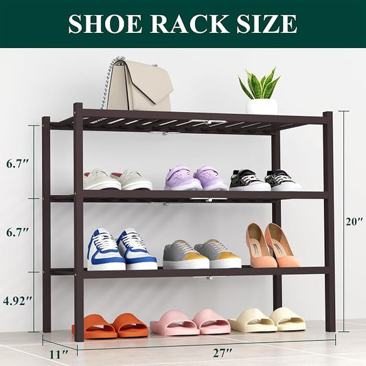 Smiry Bamboo Shoe Rack, 3 Tier Free Standing Wooden Shoe Organizer, Stackable Wood Shoe Storage Shelf for Closet, Entryway, 14 Vertical Slats, 2+1 Stack Heavy-Duty Legs, 26.8"x11"x19.5", Brown