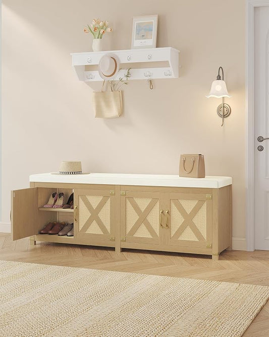 Hzuaneri Shoe Storage Bench, 2 Tier Shoe Bench with Padded Seat Cushion & 4 Barn Doors, 59" Entryway Bench with Adjustable Shelf, Farmhouse Shoe Cabinet for Living Room, Bedroom, Camel Yellow SB31502M