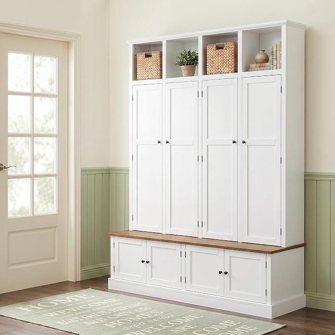 Hall Tree with Bench and Shoe Storage,Shoe and Coat Rack with Drawer and Hooks,Farmhouse Furniture for Entryway,Mudroom,Living Room,Black (White, 59" W)