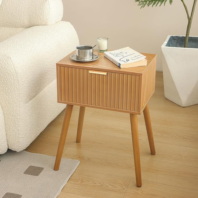 AWASEN Fluted Nightstand, Small Bedside Table with Storage Drawer, Accent End Table Living Room for Bedroom and Small Space, Brown