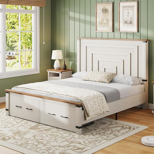 AMERLIFE 2 Pieces Farmhouse Bedroom Set, Includes Wood Rustic Full Size Bed Frame with 54" Tall Headboard, 48" Tall 5 Drawers Dresser Chest, Heavy Duty Thick Plank Styling, Antique White