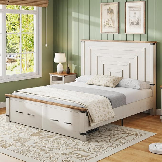 AMERLIFE 2 Pieces Farmhouse Bedroom Set, Includes Wood Rustic Queen Size Bed Frame with 54" Tall Headboard, 48" Tall 5 Drawers Dresser Chest, Heavy Duty Thick Plank Styling, Antique White
