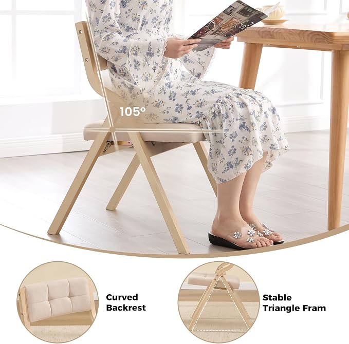Folding Dining Chairs with Cushion Set of 4,Padded Foldable Dining Chairs,Portable Wooden Folding Chairs with Seat for Dining Rooms Kitchen Wedding Party Indoor Linen Khaki