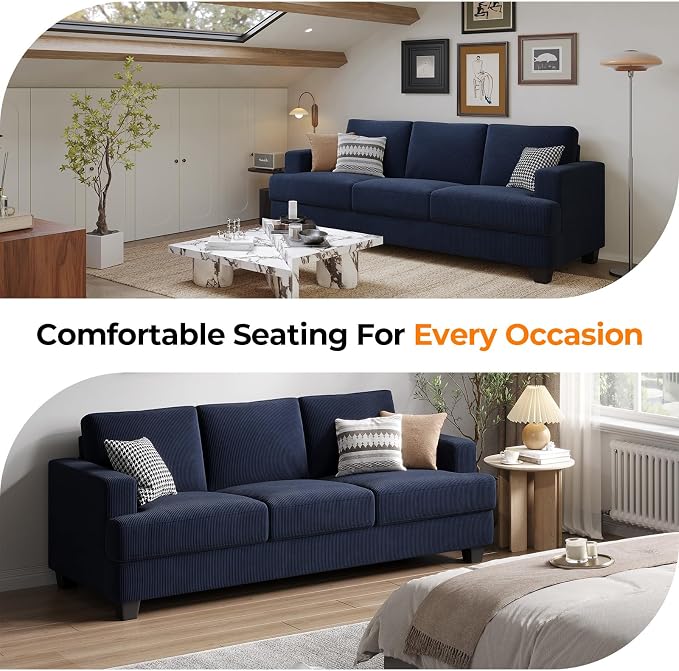 COPIAE 89 Inch Sofa with Extra Deep Seats Oversize, 3 Seater Sofa for Living Room, Modern Couch and Sofa, Comfy Armrests and Seats and Backrests, Easy Installation, Corduroy Fabric Blue