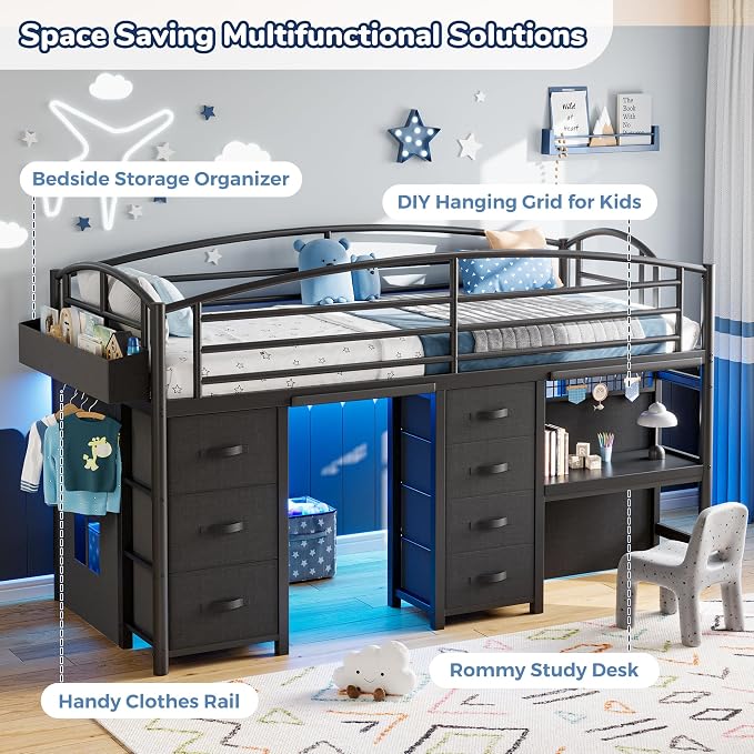 Low Loft Bed Twin Size with 7 Storage Drawers, Desk and LED Lights, Heavy Duty Metal Kids Loft Bed with 13.8" H Safety Guardrail, Anti-Collision Pad, Private Play Curtain, Under-Bed Play Space - Black