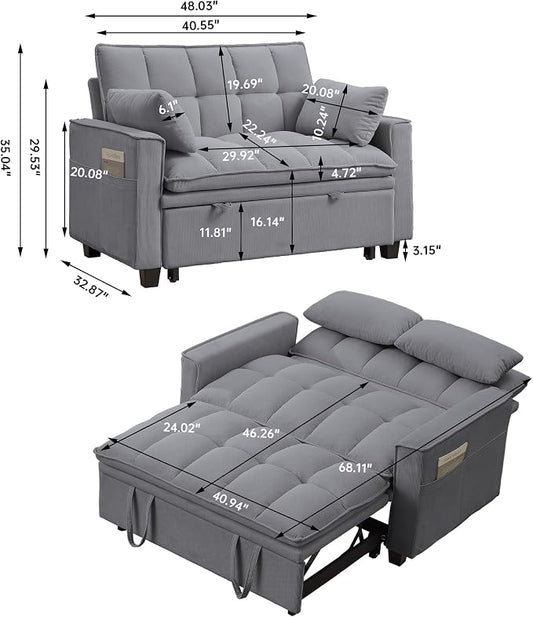 Sleeper Sofa with Pull Out Couch Bed, 48.43" Convertible Pull-Out Sofa Bed Chair, 3-in-1 Futon Couch with Reclining Backrest and Side Pockets for Living Room Bedroom Apartment, Light Grey