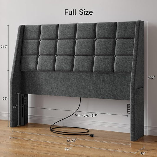 Ergonomic Upholstered Headboard Full Size w/Charging Station, Linen Wingback Headboards w/Storage Pocket, Full Headboard Only, Bed Frame Adapters, Sturdy Stable Solid Wood Bed Head Board, Dark Grey