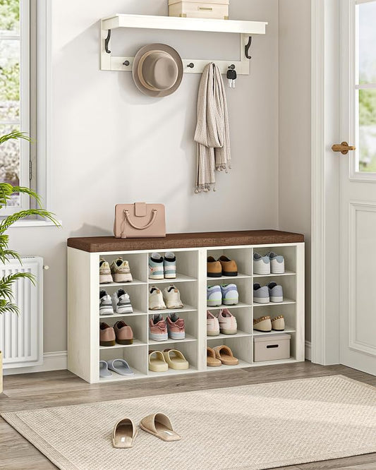 Hzuaneri Shoe Bench with Cushion, Entryway Storage Bench with 16 Cubbies, Cubby Shoe Rack with Adjustable Shelves, Shoe Organizer Cabinet for Living Room, Bedroom, Entryway, Rustic White SB25614KA