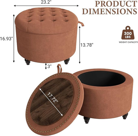 24 Inch Round Storage Ottoman,Modern Tufted Ottomans,Circular Coffee Table with Removable Top,Upholstered Large Ottoman with Storage Footrest Stool for Bedroom Living Room (Orange)