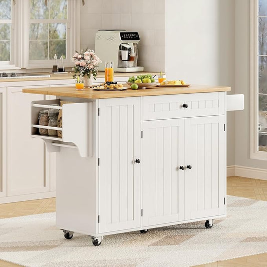 GRUSIGN Kitchen Island with Storage, 41.7" Rolling Cart with Drop Leaf, Portable Island Table on Wheels, Spice Rack, Towel Rack and Drawer, White, 41.7" L x 29.5" W