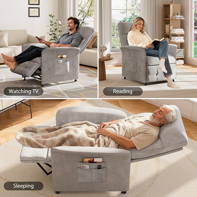 Power Recliner Chair for Adults with Heat & Massage - Soft Fabric Electric Reclining Sofa with Remote Control, 3 Side Pockets, 180° Lay Sleeper for Home Theater Living Room, Light Grey