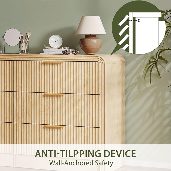 Decofy Fluted Drawers Dresser for Bedroom, Wood Dressers with Gold Handles, Modern Dressers with Wave Texture, Large Storage Chest of Drawers, Bedroom Dresser Organizer 55'' & 6 Drawers (Natural Oak)