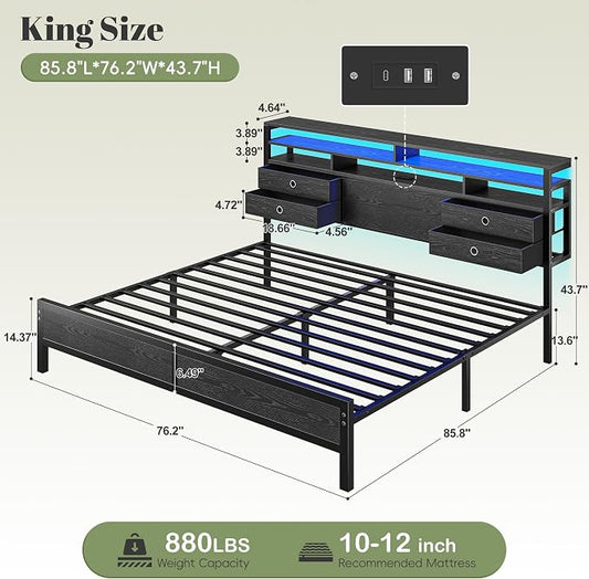 Homkdom King Bed Frame with Storage Headboard, Charger & LED Lights, Black | 3-tier shelves and 4 drawers,2 USB&1 Type-C ports,Heavy-duty metal loads 880lbs,Noise-free,No box spring needed,Easy assembly
