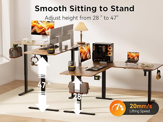 WALKINGDESK 75x61 Inches Reversible L Shaped Standing Desk Height Adjustable with Cup Holder, Electric Corner Computer Workstation for Home Office, Ergonomic Sit Stand up Gaming Desk, Rustic Brown