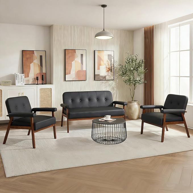 STHOUYN 50”W Black Faux Leather Small Office Couch Loveseat Sofa with Wood Arms, Mid Century Modern Love Seat Sofas Lounge Armchair Living Room Bedroom (Black (loveseat))