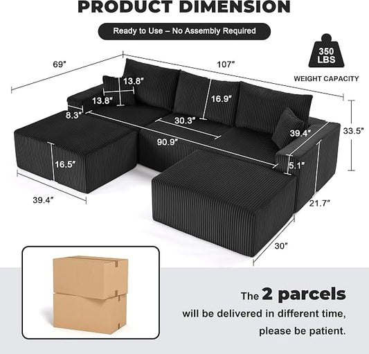 Weture 107" Modular Sectional Sofa, L-Shaped Boneless Couch with Deep Seat, Cozy Cloud Couch Sectional with Convertible Ottoman, Modern Sectional Couches for Living Room( Black)
