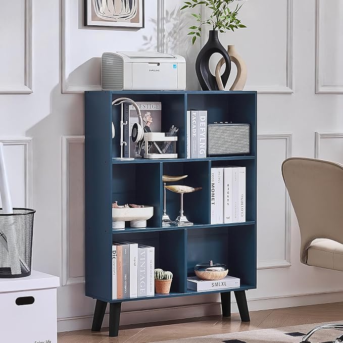 LEYAOYAO Cube Bookshelf 3 Tier Mid-Century Rustic Dark Blue Modern Bookcase with Legs,Retro Wood Bookshelves Storage Organizer Shelf,Freestanding Open Book Shelves for Bedroom,Living Room,Office