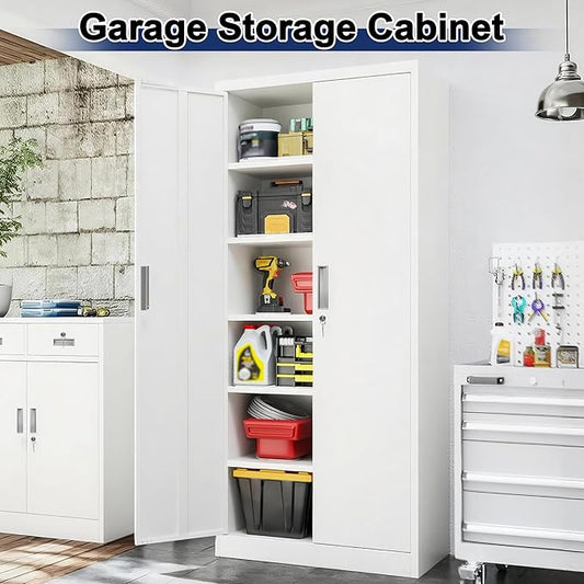 BESFUR Metal Garage Storage Cabinet with Locking Doors and 5 Adjustable Shelves, White Tall Storage Cabinets, Tool File Lockable Cabinet for Garage Office Warehouse Shop(71”H)