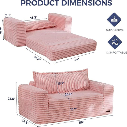 MAXYOYO Convertible Sofa Bed, 2 in 1 Folding Couch Bed for Small Space, Pull Out Loveseat Sofa Couch with Large Back Pillow, Plush Faux Fabric Lounge Couch for Living Room, Apartment, Pink