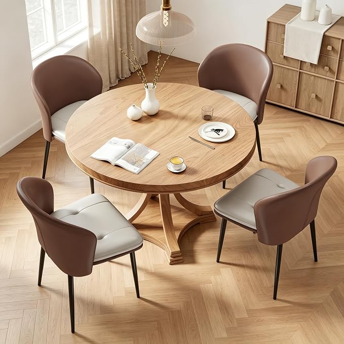 Modern Curved Back Dining Chairs Set of 6, Faux Leather Upholstered Accent Chair, Mid-Century Kitchen Side Chair with Soft Cushion for Dining Room, Living Room, Bedroom, Brown