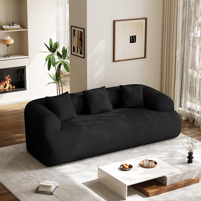 91" Boneless Couch,Cloud Couch,Chenille Curved Sofa with 3 Seater and 3 Pillows, Modern Compression Sofa for Living Room, Bedroom and Apartment, No Assembly Required, Black