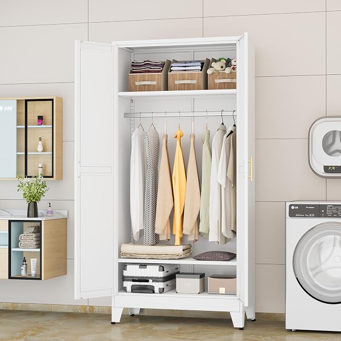 GAIOUS Metal Wardrobe Cabinet with Hanging Rod, Clothing Storage Cabinets | with 2 Doors and Adjustable Shelves, 71" Metal White Armoire Wardrobe Closet for Bedroom, Laundry Room, Cloak Room