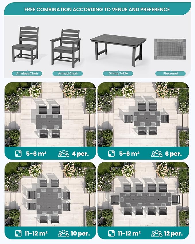 SERWALL Outdoor Dining Sets for 10 Person, HDPE Dining Set with 2 Tables, 8 Armless Chairs and 2 Armed Dining Chairs, Gray