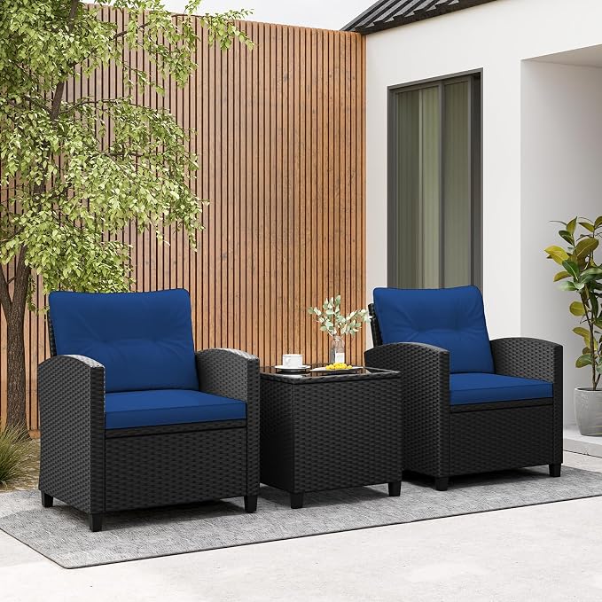 Tangkula 3 Piece Patio Furniture Set, Rattan Conversation Set w/Soft Seat & Back Cushions, Tempered Glass Topped Coffee Table, Cushioned Wicker Seating Set for Backyard, Porch, Poolside