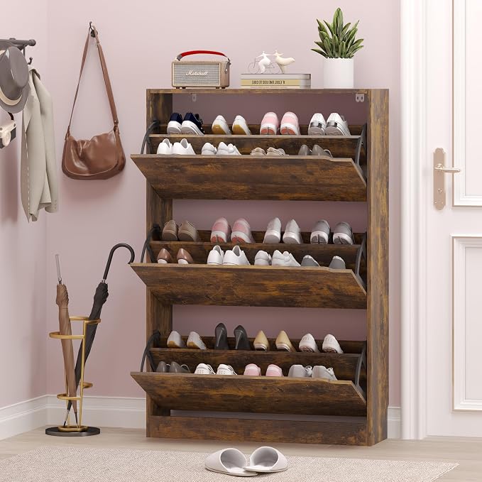 BORNOON Shoe Cabinet with 3 Flip Drawers, Hidden Wood Shoe Cabinet,Freestanding Shoe Storage Cabinet for Entryway Hallway