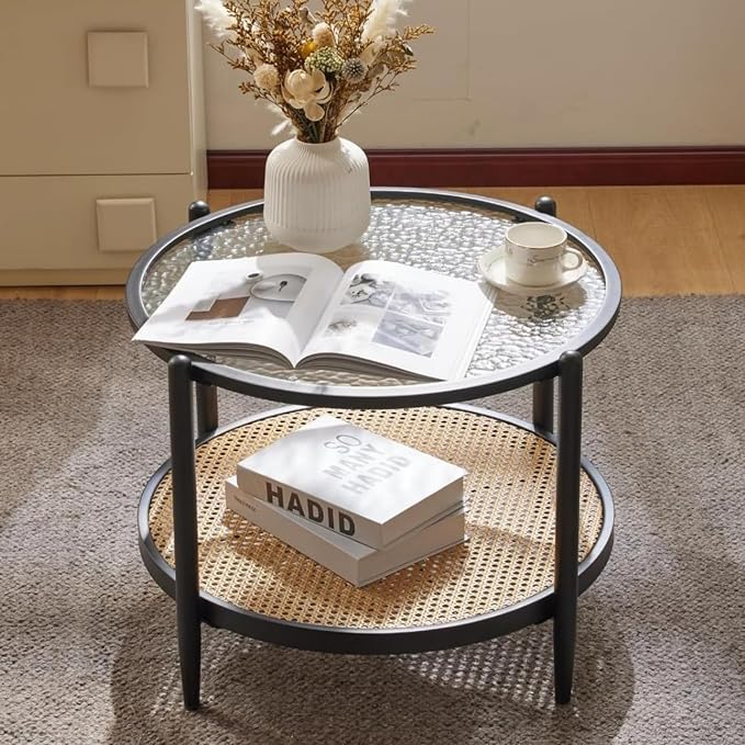 VINGLI 25.6" Black Rattan Modern Coffee Table with 2-Tier Storage, Round Water-Wave Glass Metal Center Table for Living Room and Small Space
