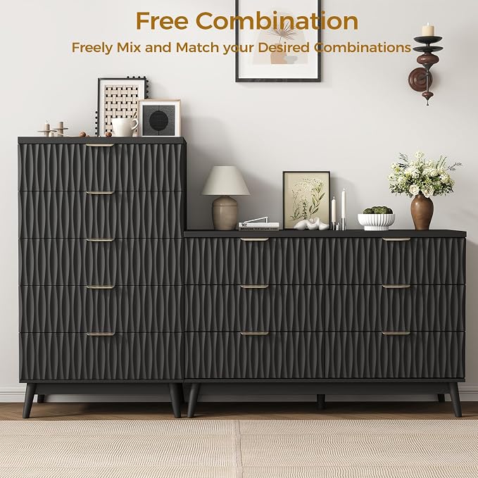 Dresser for Bedroom, 47" Wide 5 Drawer Dresser, Modern Wood Chest of Drawers for, Bedroom, Living Room, Entryway, Black