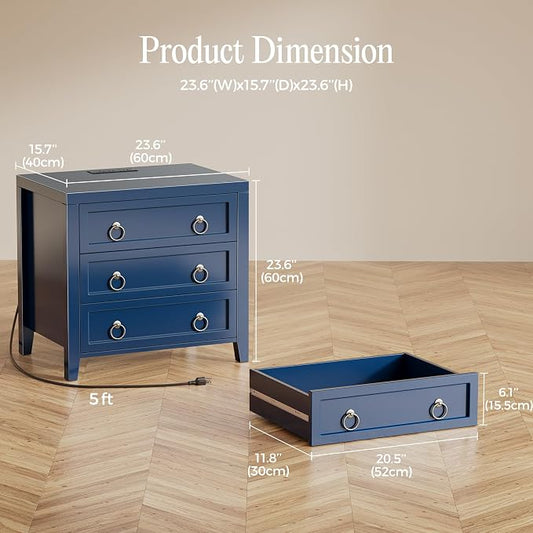 Huuger 23.6 Inch Night Stand with Charger Station and USB-C Port, 3 Drawer Nightstands Set of 2, Larger Wider Bedside Table, Modern End Table, for Bedroom, Blue Nightstand