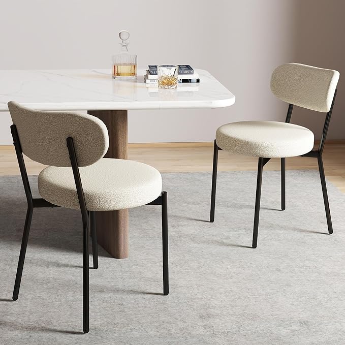 KROFEM Set of 2 Boucle Fabric Dining Chairs,White | Mid-Century Style Comfort Sponge Filled Seat Back Dining Room Chairs for Kitchen Dining Table