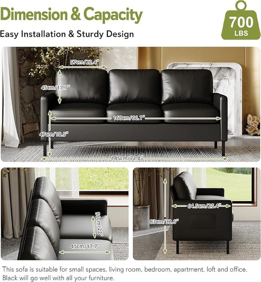 STHOUYN 72" W Faux Leather Black Sofa 3 Seat Couch, Modern Comfy Couch with 2 USB, Small Couches for Living Room Apartment Bedroom Small Spaces, Office(Black)