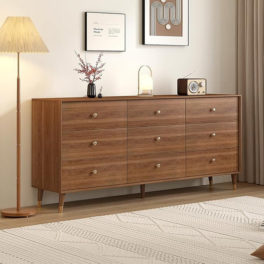 Messenya 9 Drawer Dresser for Bedroom, 63 Inch Walnut Dresser for Closet, Mid Century Wood Chest of Drawers with Natural Texture & Pre-Embedded Slots for TV Stand, Living Room, Hallway, Office