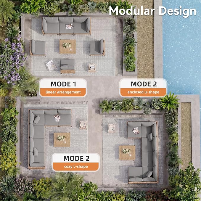 Aoxun 6-Piece Patio Furniture Set, Wicker Outdoor Furniture with Water Resistant Thick Cushions, Patio Conversation Set Outdoor Sectional Sofa with Coffee Table for Backyard Poolside, Light Grey