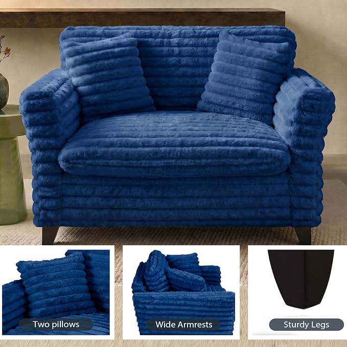 ERYE 46.9" Corduroy Upholstered Accent Chair Wide Seat Armchair for Living Room Bedroom, Modern Cloud Cushion Armchair W/ 2 Pillows and Wooden Legs for Home Apartment Office