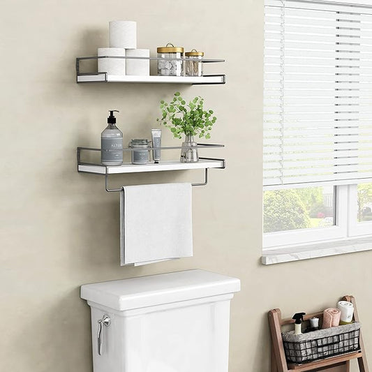 Forbena White Floating Shelves for Bathroom Organizer Over Toilet, Bathroom Shelves Wall Mounted with Towel Rack, Corner Wall Shelf for Bedroom Decor Kitchen Storage (White-Dark Grey, Set of 2)