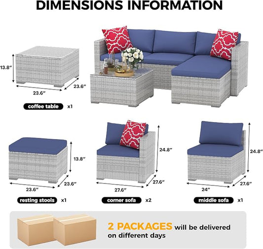 Patio Furniture Set 4 Pieces, Outdoor Patio Furniture Set with Rattan Wicker Chairs, Glass Table and Cushions for Porch, Balcony, Backyard, Garden, Poolside, Brown & Red (Grey+Blue, 5 Pieces)