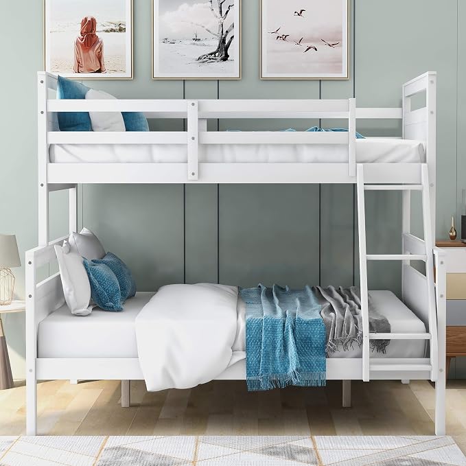 Merax Wooden Bunk Bed,Twin Over Full Bunk Bed with Ladder,Safety Guardrail,Can Be Separated into 2 Beds,Perfect for Bedroom,White