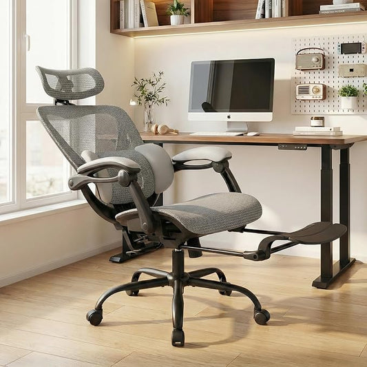 MALOL Ergonomic Mesh Office Chair with Footrest, Executive High Back Computer Desk Chair with 3D Adjustable Headrest & 5-Level Lumbar Support, Reclining Tilt Lock, 3D Arms, 300LBS Capacity, White