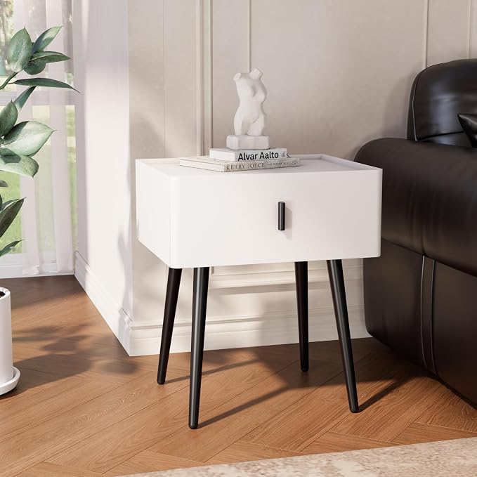 Nightstand Set of 2 with Single Drawer,Leather Side Table,Modern Bedside Table with Metal Legs for Bedroom,Small Accent End Table,White