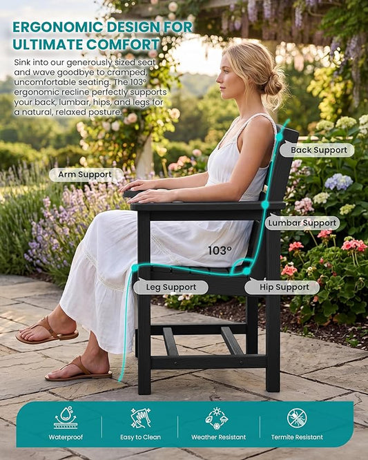 SERWALL HDPE Dining Set for 8: 2 Umbrella Hole Tables + 8 Chairs. for Garden, Backyard, Poolside. Black