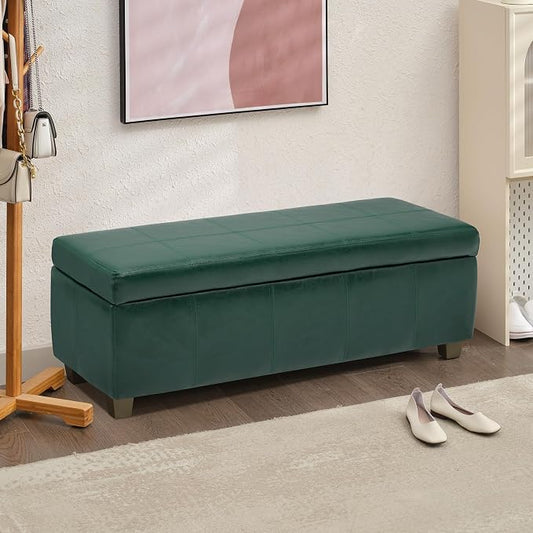 51 Inch Storage Ottoman, Storage Bench with Safety Hinge, Upholstered Synthetic Leather Ottoman Bench for Bedroom, Living Room, Entryway, Hallway, Foot Rest, Support 500lbs