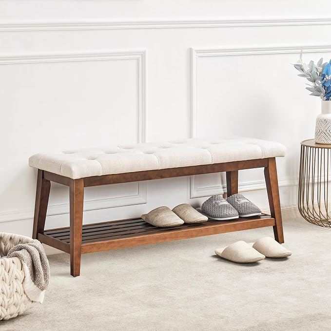 kinmars Upholstered Bench for Bedroom End of Bed,42.5-inch Entryway Bench for Living Room,Dining Bench with Padded Seat and Solid Wood Leg for Kitchen Bedroom,Indoor and Hallway (Shoe Bench, Beige)