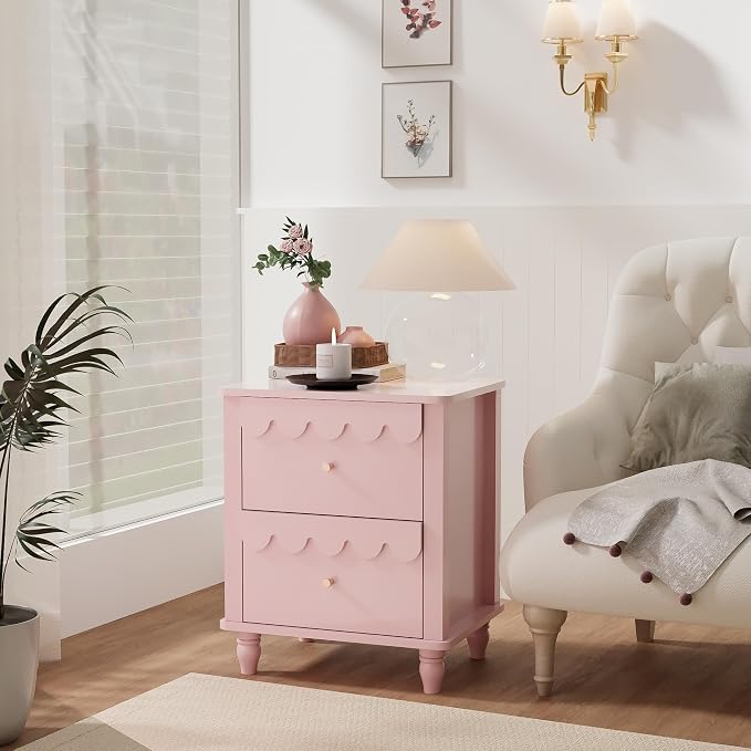 Anbuy Pink Nightstand Set of 2 with Petal Pattern, Modern Night Stand Set 2 with 2 Drawers for Bedroom, Side End Table Scalloped Bedside Night Tables with Solid Wood Legs