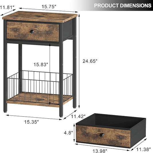 End Tables Bedroom, Night Stand with Drawers, Industrial nightstand, Nightstand with Fabric Bins, Bedside Table End Table for Bedroom, Closet, Entryway, College Dorm, Rustic Brown LNT0061BR